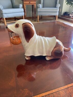 Dachshund Halloween ghost  holding pumpkin figurine